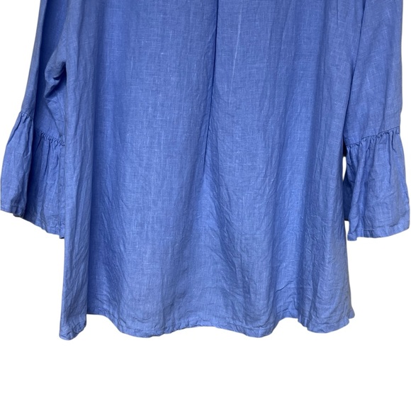 Bryn Walker Fran blue 100% linen ruffle 3/4 sleeve hi low tunic top Lagenlook - Picture 6 of 11